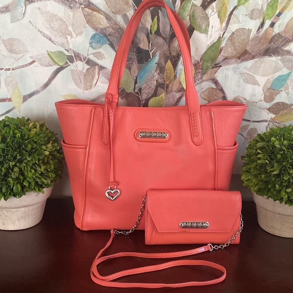 BRIGHTON “PAULINA” CORAL MELON 💯% GENUINE PEBBLED LEATHER SHOULDER TOTE BAG EUC - Picture 16 of 17